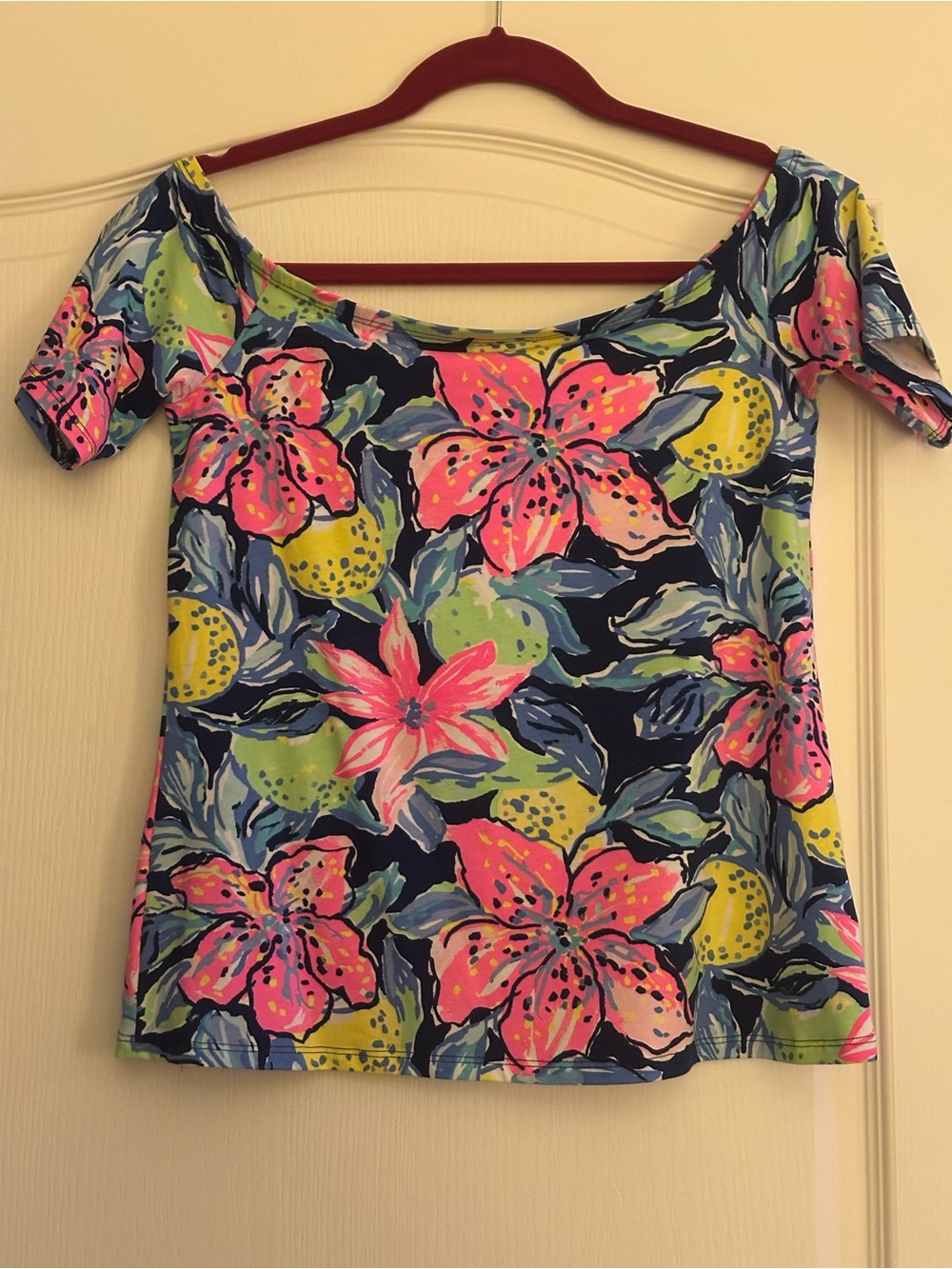 Lilly Pulitzer Floral Off-Shoulder Women's Top in Navy and Pink